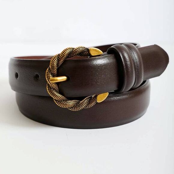Two Tone Twisted Buckle Classic Leather Belt Brown - Picture 3 of 5